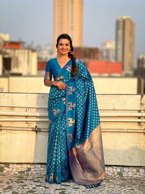 Blue soft silk blend dual zari woven saree with deer border 1