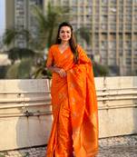 Orange soft silk blend dual zari woven saree with deer border