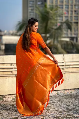 Orange soft silk blend dual zari woven saree with deer border