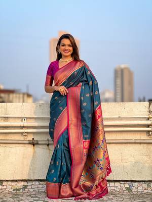 Denim zari woven nath contrast yeola paithani silk blend saree 1