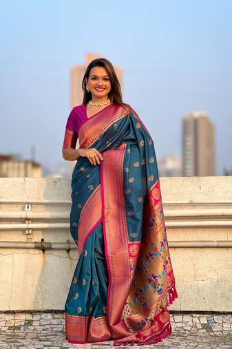 Denim zari woven nath contrast yeola paithani silk blend saree