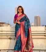 Denim zari woven nath contrast yeola paithani silk blend saree