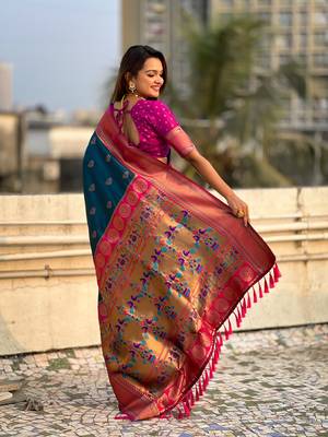 Denim zari woven nath contrast yeola paithani silk blend saree 2