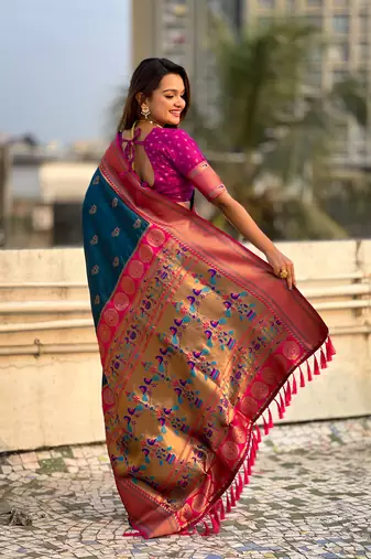 Denim zari woven nath contrast yeola paithani silk blend saree
