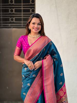 Denim zari woven nath contrast yeola paithani silk blend saree 3