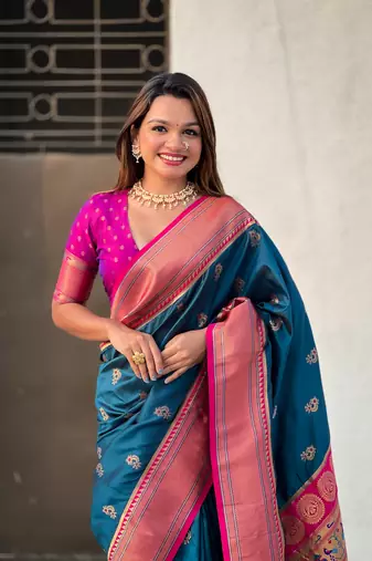 Denim zari woven nath contrast yeola paithani silk blend saree