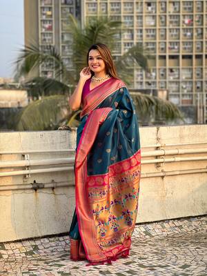 Denim zari woven nath contrast yeola paithani silk blend saree 4