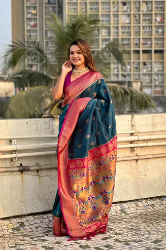 Denim zari woven nath contrast yeola paithani silk blend saree