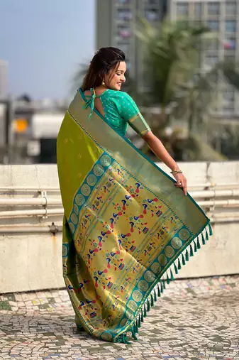 Mehendi green zari woven nath contrast yeola paithani silk blend saree
