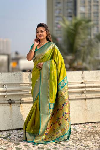Mehendi green zari woven nath contrast yeola paithani silk blend saree