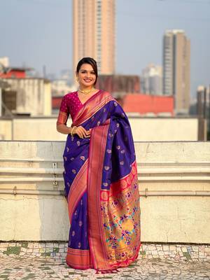 Violet zari woven nath contrast yeola paithani silk blend saree 1
