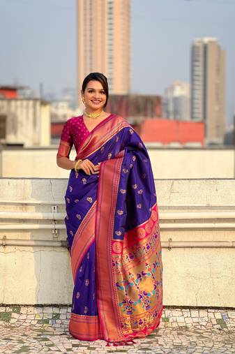 Violet zari woven nath contrast yeola paithani silk blend saree