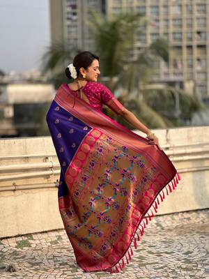 Violet zari woven nath contrast yeola paithani silk blend saree 2