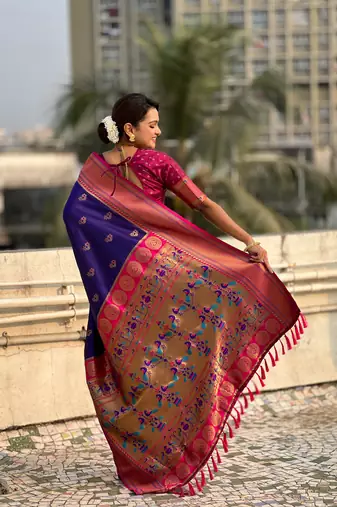 Violet zari woven nath contrast yeola paithani silk blend saree