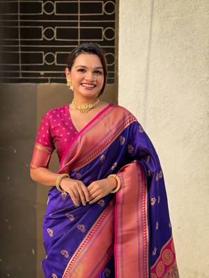 Violet zari woven nath contrast yeola paithani silk blend saree 3
