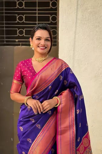 Violet zari woven nath contrast yeola paithani silk blend saree