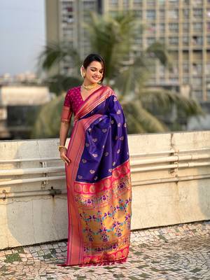 Violet zari woven nath contrast yeola paithani silk blend saree 4