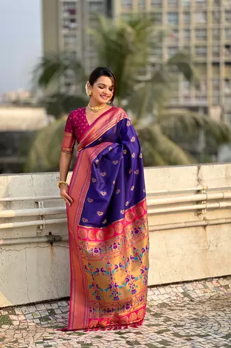 Violet zari woven nath contrast yeola paithani silk blend saree