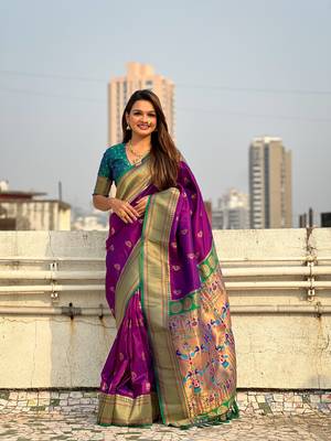 Wine zari woven nath contrast yeola paithani silk blend saree 1
