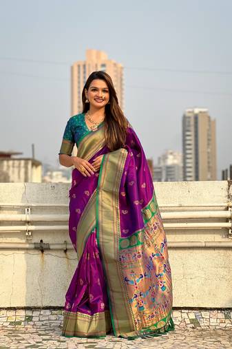 Wine zari woven nath contrast yeola paithani silk blend saree