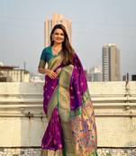 Wine zari woven nath contrast yeola paithani silk blend saree