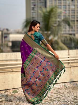 Wine zari woven nath contrast yeola paithani silk blend saree 2