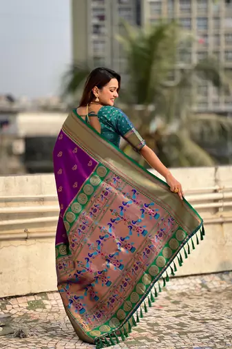 Wine zari woven nath contrast yeola paithani silk blend saree
