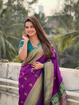 Wine zari woven nath contrast yeola paithani silk blend saree 3