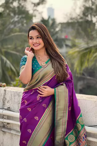 Wine zari woven nath contrast yeola paithani silk blend saree