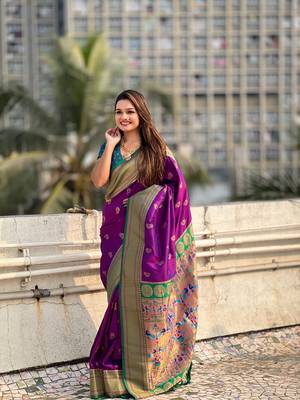 Wine zari woven nath contrast yeola paithani silk blend saree 4