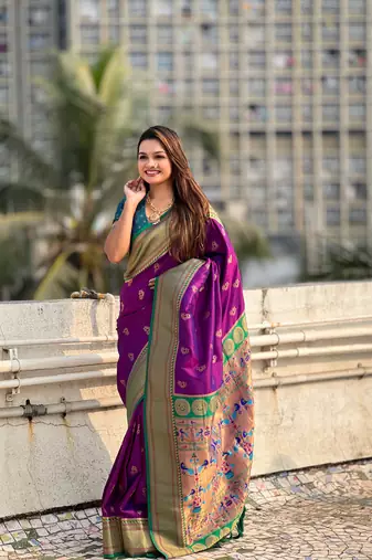 Wine zari woven nath contrast yeola paithani silk blend saree