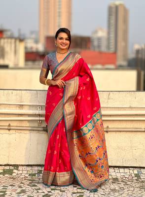 Pink zari woven nath contrast yeola paithani silk blend saree 1