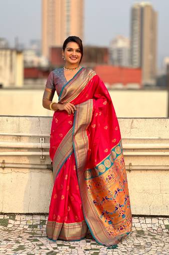 Pink zari woven nath contrast yeola paithani silk blend saree