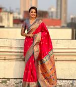 Pink zari woven nath contrast yeola paithani silk blend saree