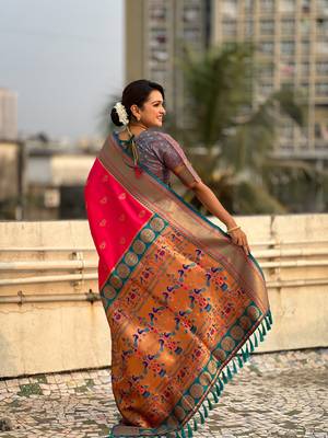 Pink zari woven nath contrast yeola paithani silk blend saree 2