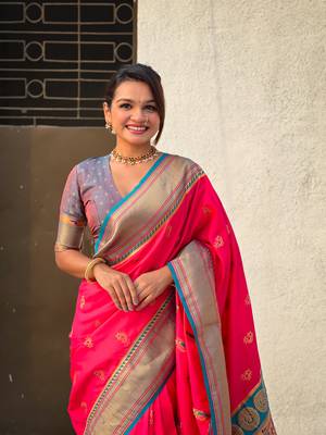 Pink zari woven nath contrast yeola paithani silk blend saree 3