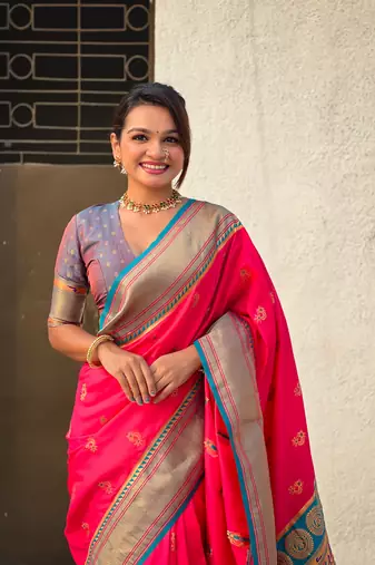 Pink zari woven nath contrast yeola paithani silk blend saree