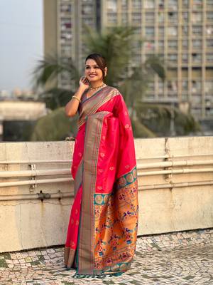 Pink zari woven nath contrast yeola paithani silk blend saree 4