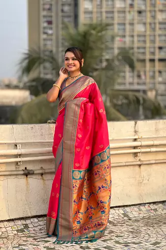 Pink zari woven nath contrast yeola paithani silk blend saree