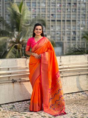 Orange zari woven nath contrast yeola paithani silk blend saree 1