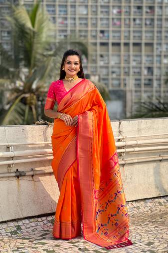 Orange zari woven nath contrast yeola paithani silk blend saree