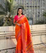 Orange zari woven nath contrast yeola paithani silk blend saree
