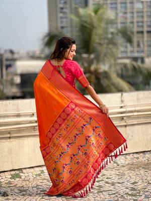 Orange zari woven nath contrast yeola paithani silk blend saree 2