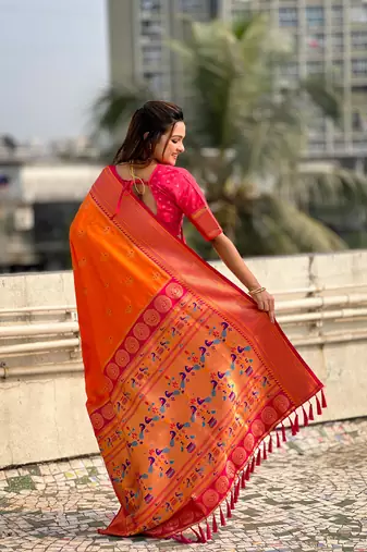 Orange zari woven nath contrast yeola paithani silk blend saree