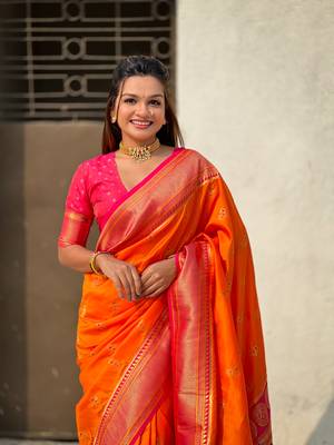 Orange zari woven nath contrast yeola paithani silk blend saree 3