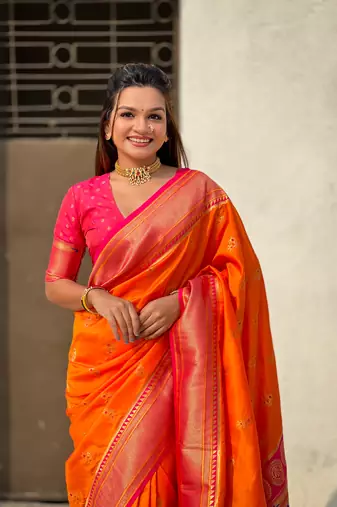 Orange zari woven nath contrast yeola paithani silk blend saree