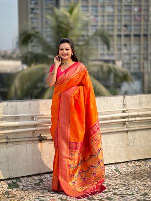 Orange zari woven nath contrast yeola paithani silk blend saree 4