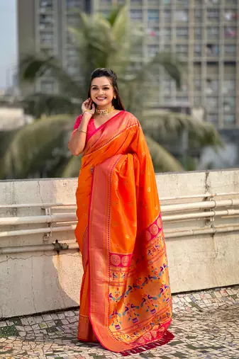 Orange zari woven nath contrast yeola paithani silk blend saree