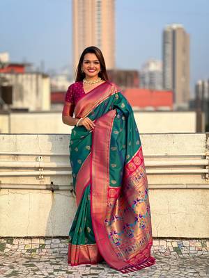 Green zari woven nath contrast yeola paithani silk blend saree 1