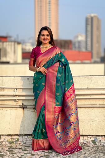 Green zari woven nath contrast yeola paithani silk blend saree